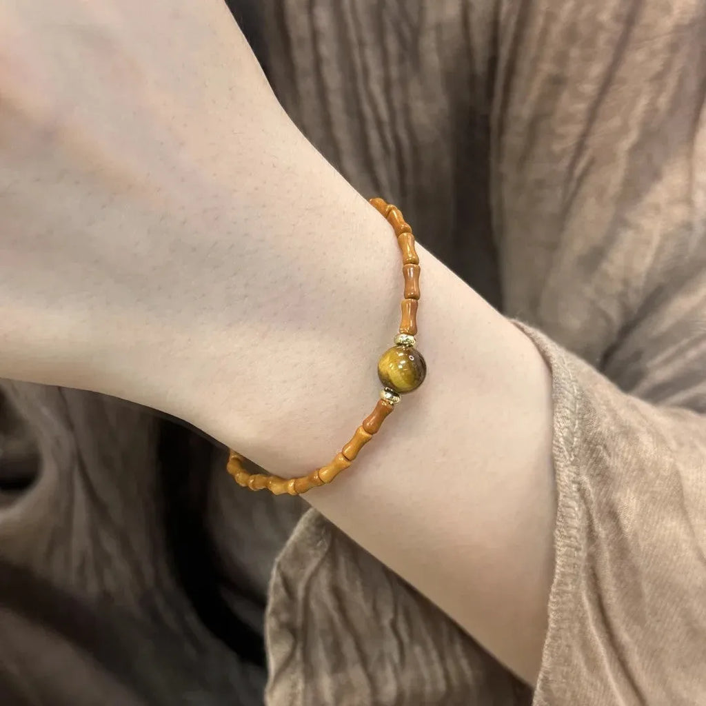 Natural yellow Tiger's Eye and Hetian jade U-shaped bracelet with auspicious patterns
