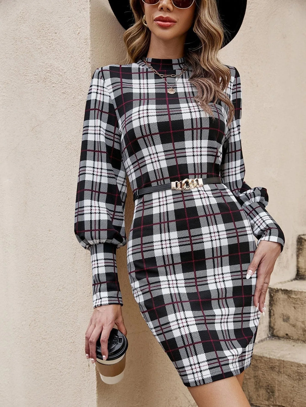 Black lantern sleeve tight dress with leather stitching details and mid waist design