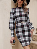 Black lantern sleeve tight dress with leather stitching details and mid waist design