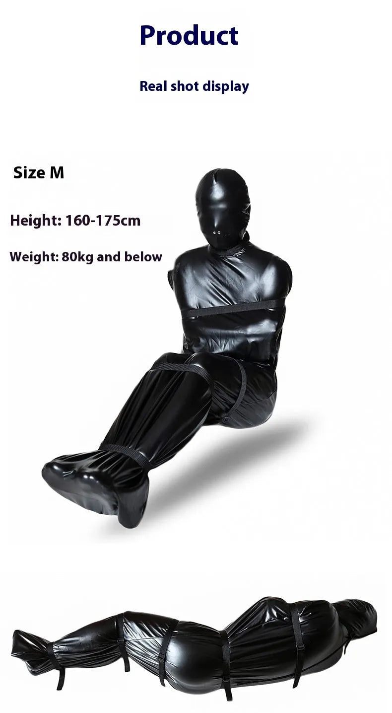 Black patent leather bondage kit with full-coverage garment and six ratchet tie-down straps