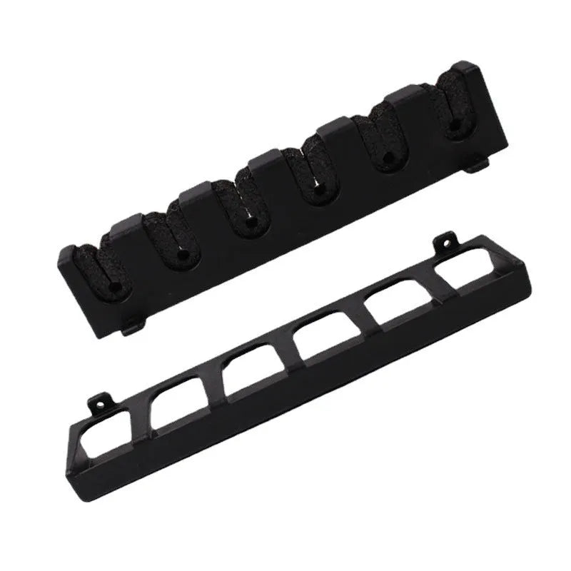 Black ABS plastic wall-mounted fishing rod holder in horizontal and upright styles.