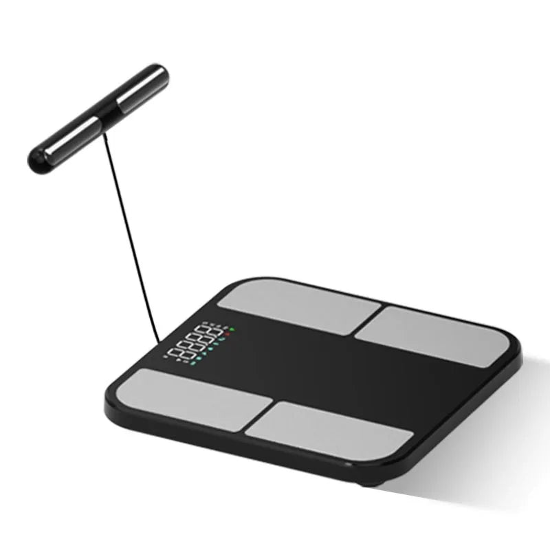 Black electronic weighing scale with tempered glass platform and colour screen display showing body composition metrics