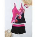 Plus size black and rose red split swimsuit set with matching trunks.