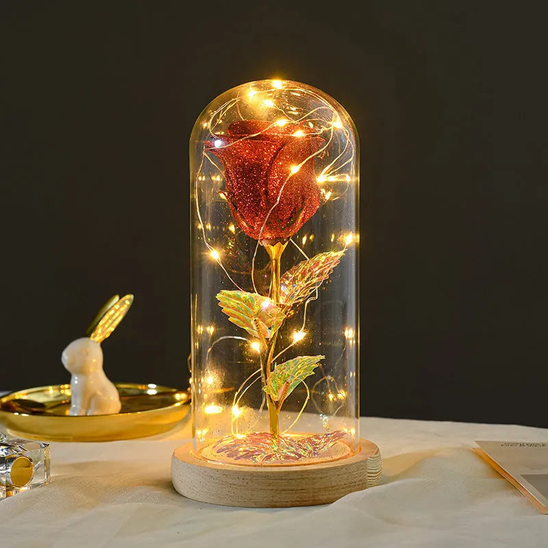 Eternal rose in glass cover with LED light on, seven colour options, handmade copper wire stem