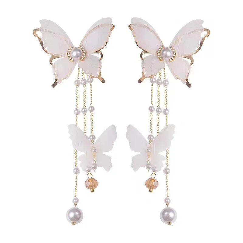 White butterfly tassel lace pearl rhinestone earrings for women with detailed insect modelling