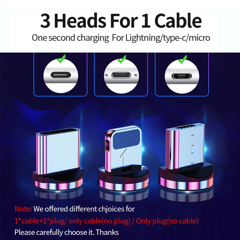 Black magnetic data cable with detachable heads for iPhone, Android and USB-C devices