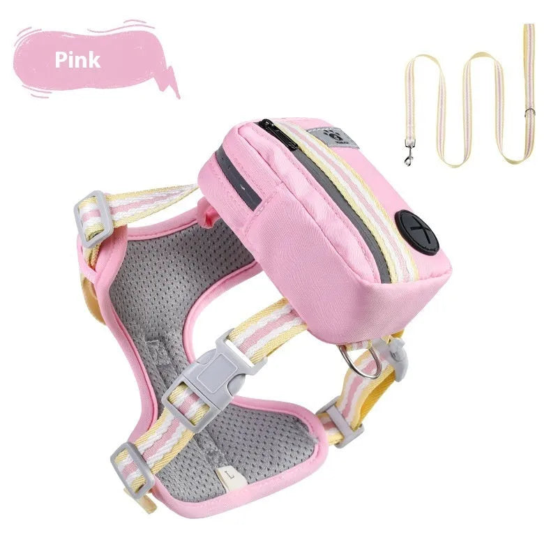 Explosion-proof anti-strangulation pet harness in green colour with adjustable chest design and attached holding rope