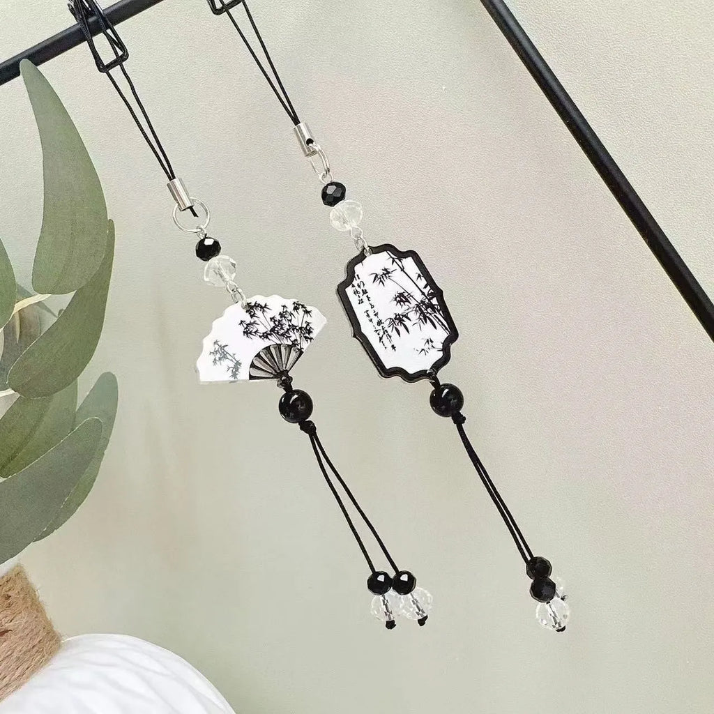 Chinese style plants pattern pendant keychain with baked varnish beads for schoolbag decoration