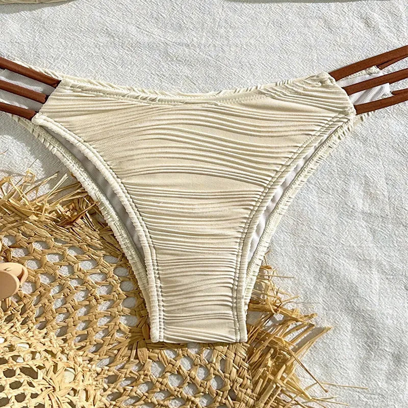 Women's polyester three-point bikini set in khaki with striped pattern, front view