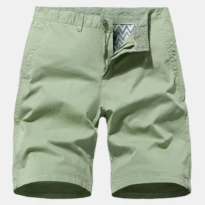 Men's straight-fit denim shorts in blue, shown on a hanger.