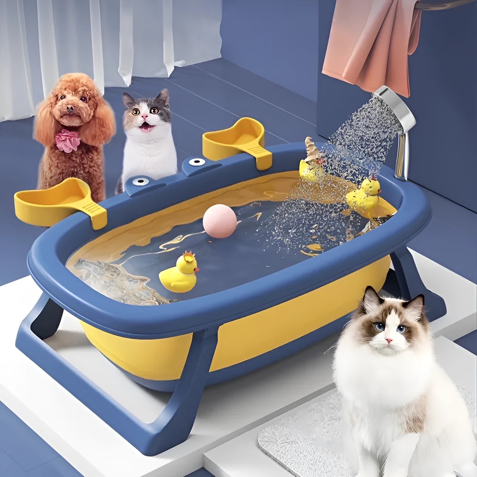 Blue foldable plastic pet tub for washing a small dog or cat.