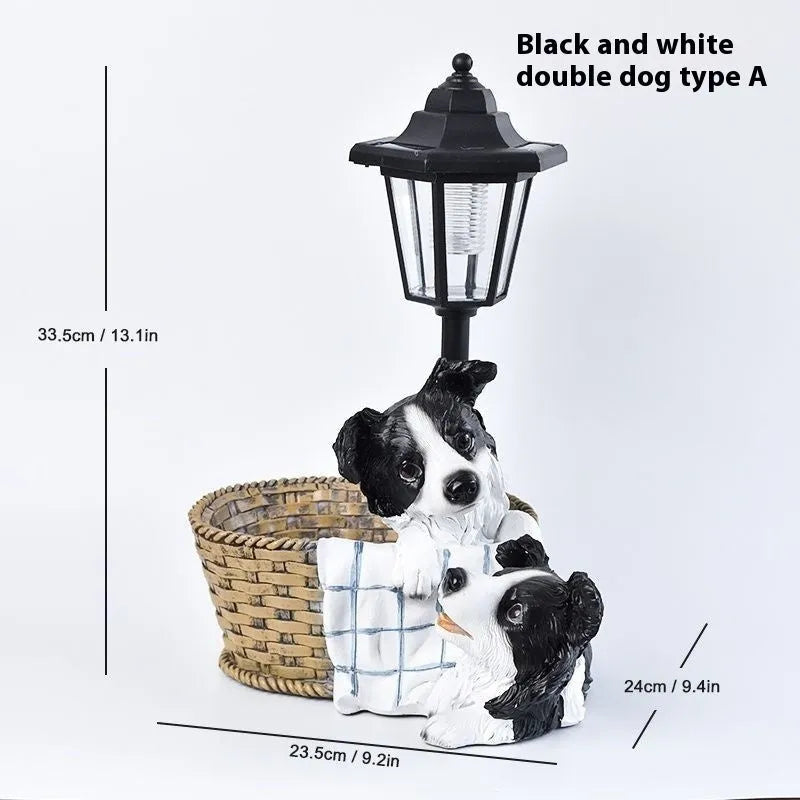 Solar hexagonal garden lamp with decorative resin figurine on plastic base for outdoor pathway lighting
