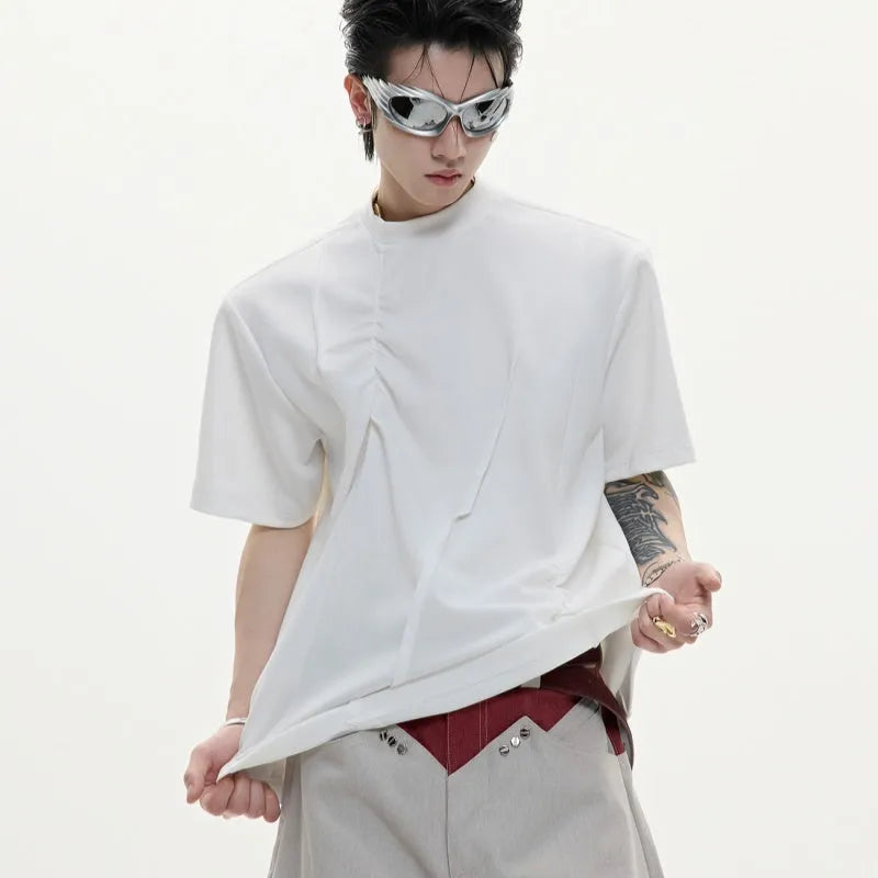 Men's loose fit cotton T-shirt with pleated detailing and asymmetric stitching in black colour