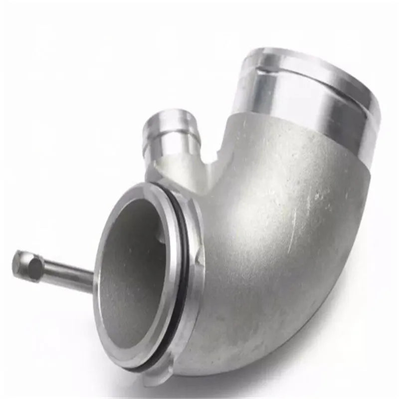 Modified plus-sized 90 degree automotive turbine pipe in aluminium alloy for lateral engine positioning