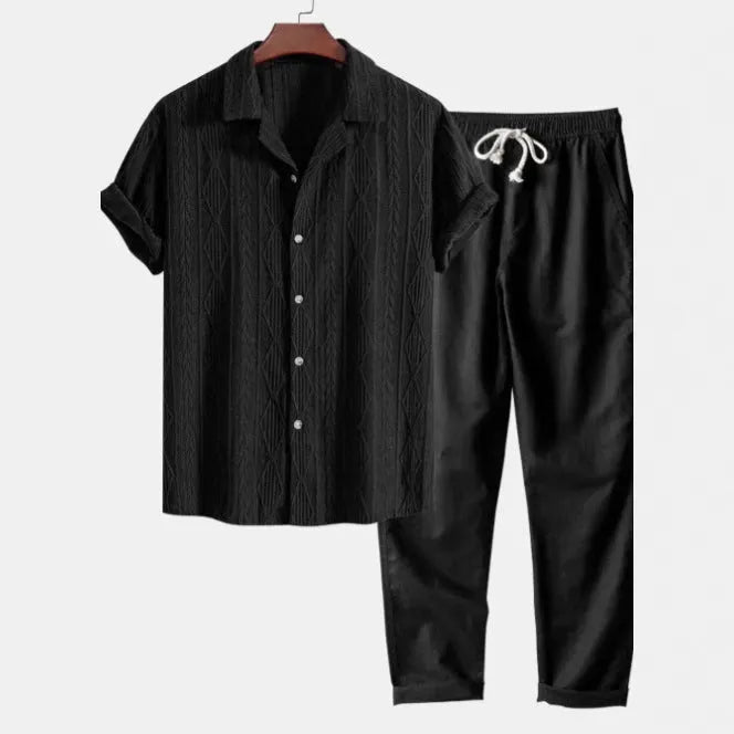Men's slim fit camouflage print short sleeve shirt and trousers casual suit set