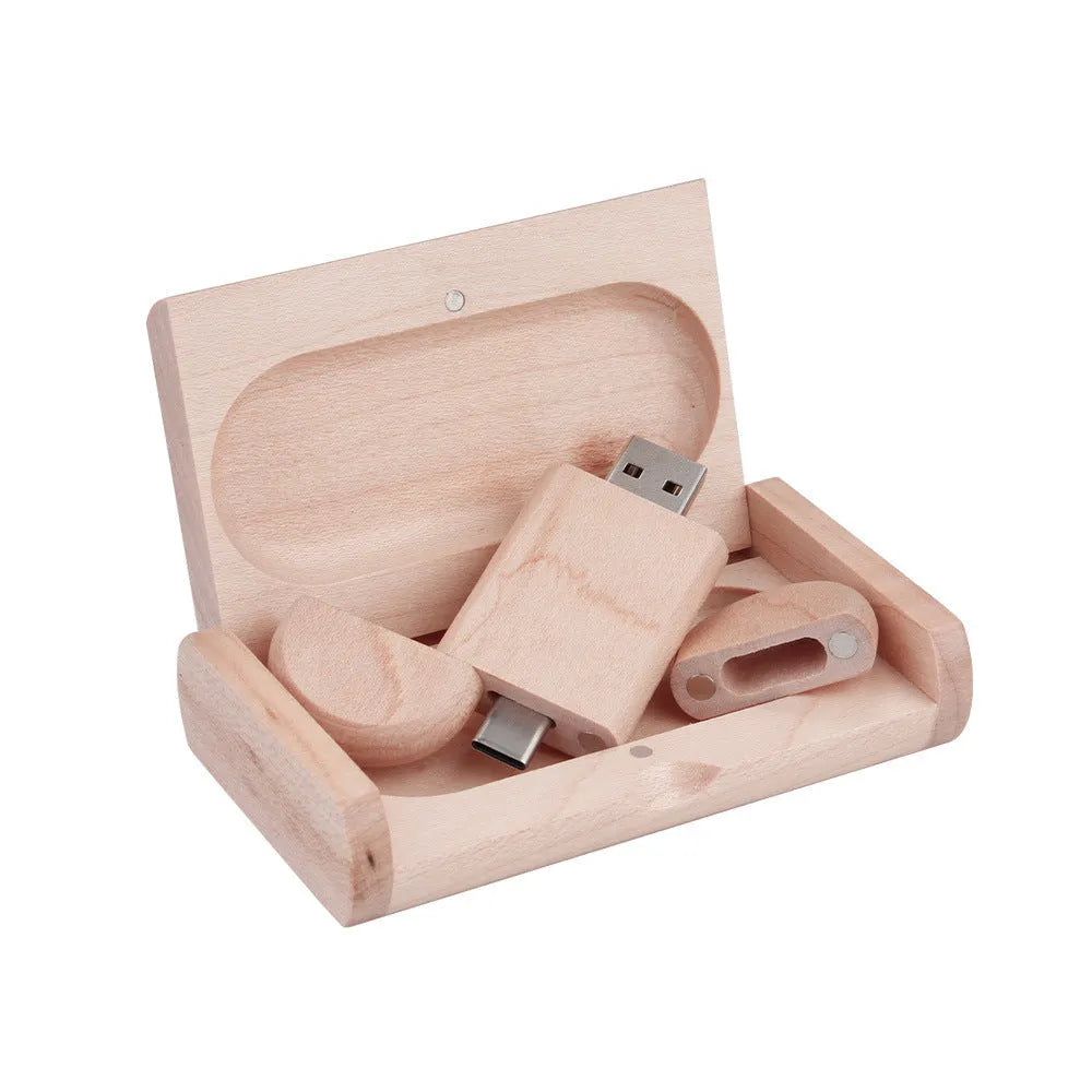 Carved wooden USB flash drive with phone ornament in various wood finishes