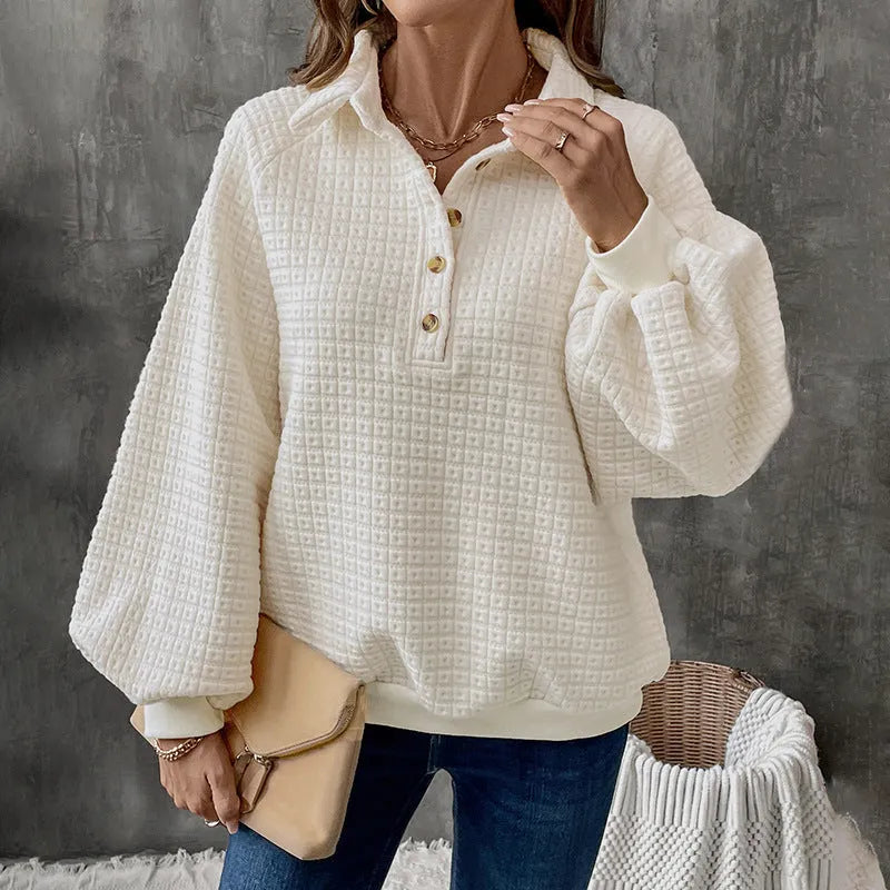 Women's polo collar sweater in milky white thickened polyester knit
