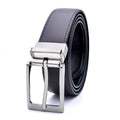 Men's brown and black genuine leather belt with a silver rotating pin buckle, shown on a flat surface.