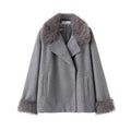 Women's grey mid-length hooded belted wool cape coat with raccoon fur collar and pockets