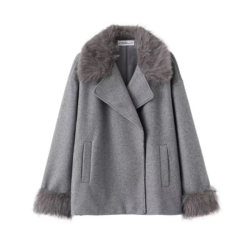 Women's grey mid-length hooded belted wool cape coat with raccoon fur collar and pockets