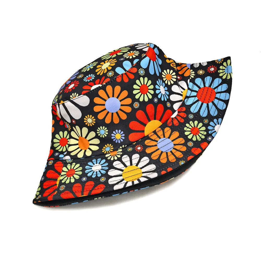 Colourful flowers pattern bucket hat with dome crown in size M for sun protection