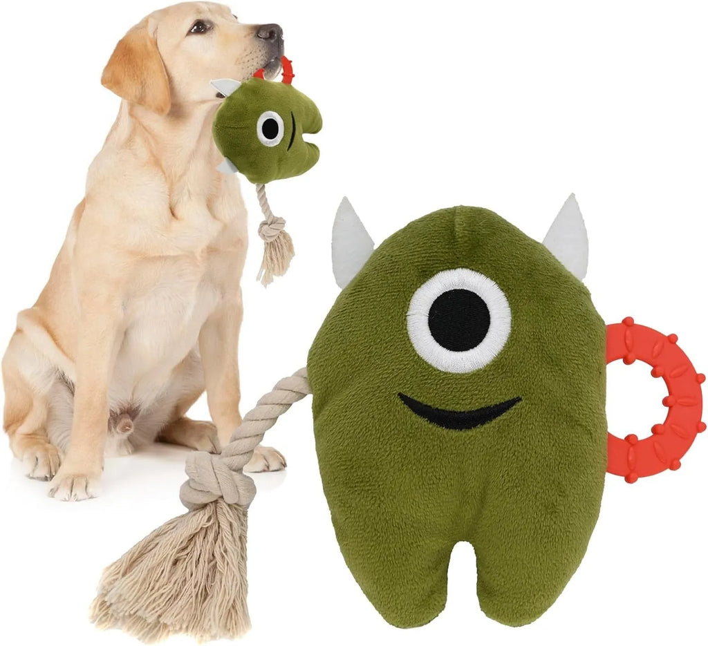 Blue and green plush monster dog toy with rope tug handles