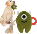 Blue and green plush monster dog toy with rope tug handles