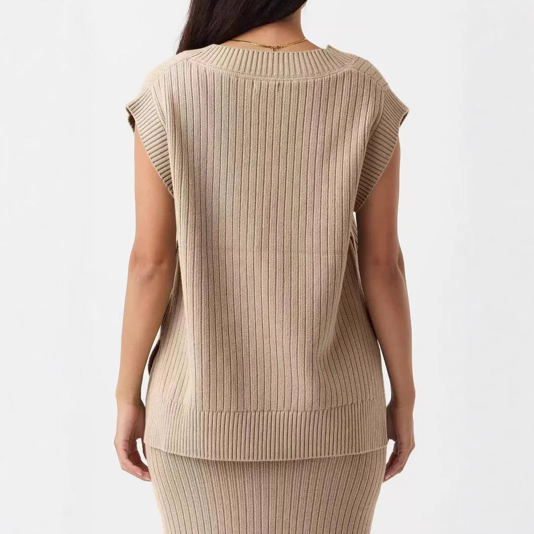 Camel and white V-neck sleeveless pullover vest showing striped and plaid pattern options