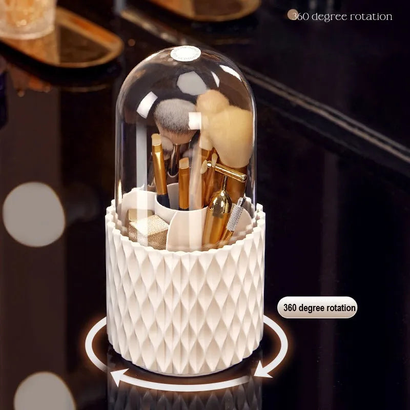 White rotating transparent acrylic makeup brush storage holder with dustproof lid on desktop
