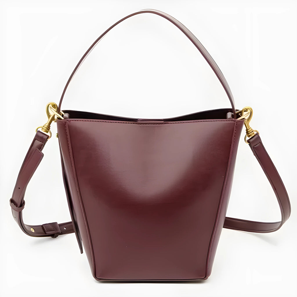Urban minimalist crossbody shoulder bag in bucket style, PU material, solid colour, three-dimensional outer pocket, available in black, army green, and wine red