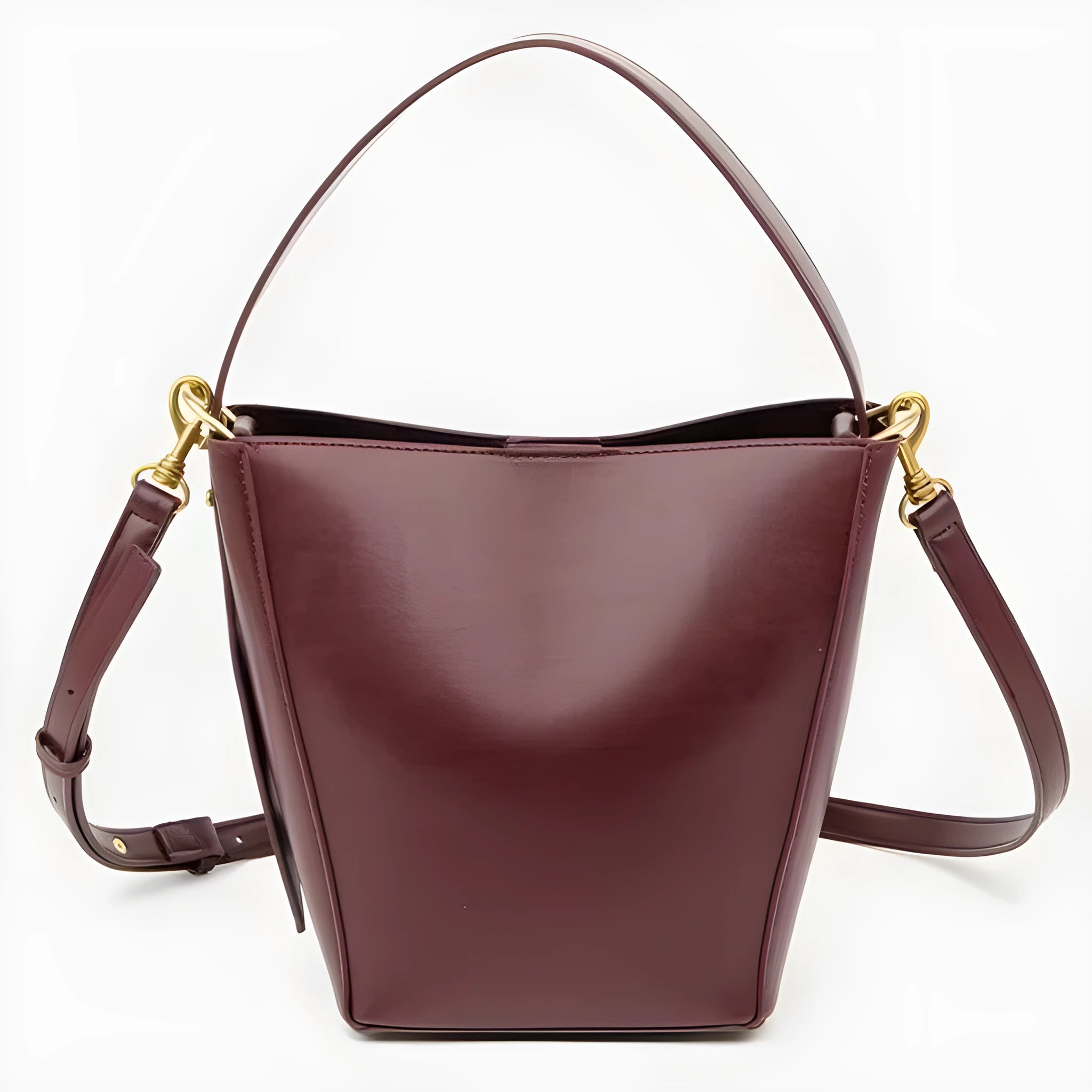 Urban minimalist crossbody shoulder bag in bucket style, PU material, solid colour, three-dimensional outer pocket, available in black, army green, and wine red