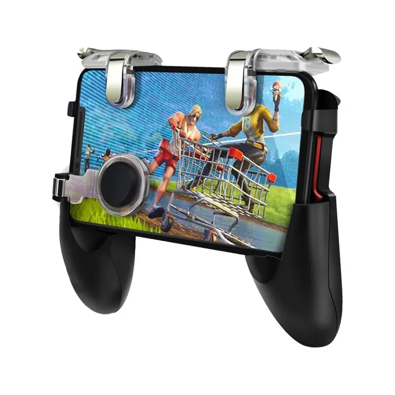 Black mobile phone gamepad controller with plug-in cable and handheld grip