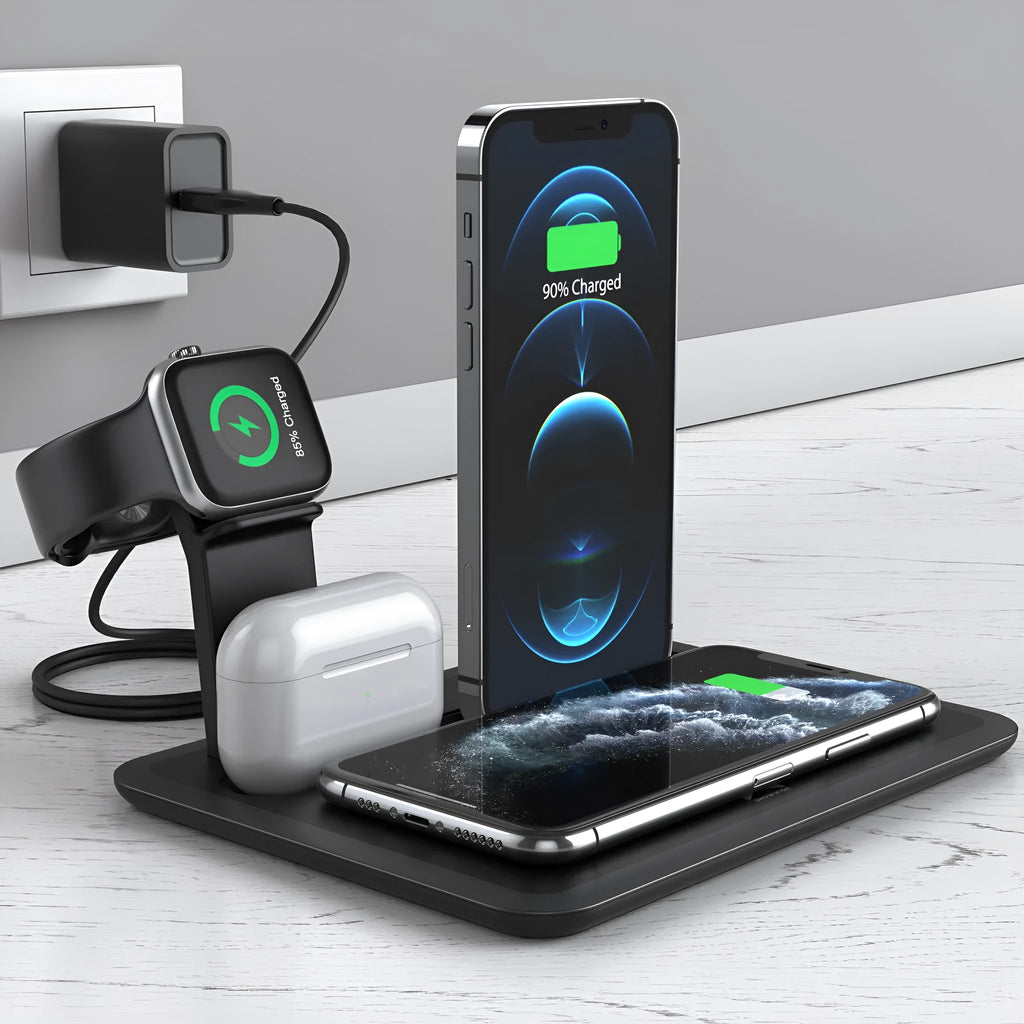 Black desktop wireless charging dock holding a phone, with ports for watch and headphone cables.