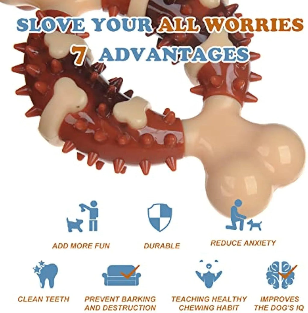 A bone-shaped natural rubber dog molar chew toy shown in two sizes for teeth grinding.