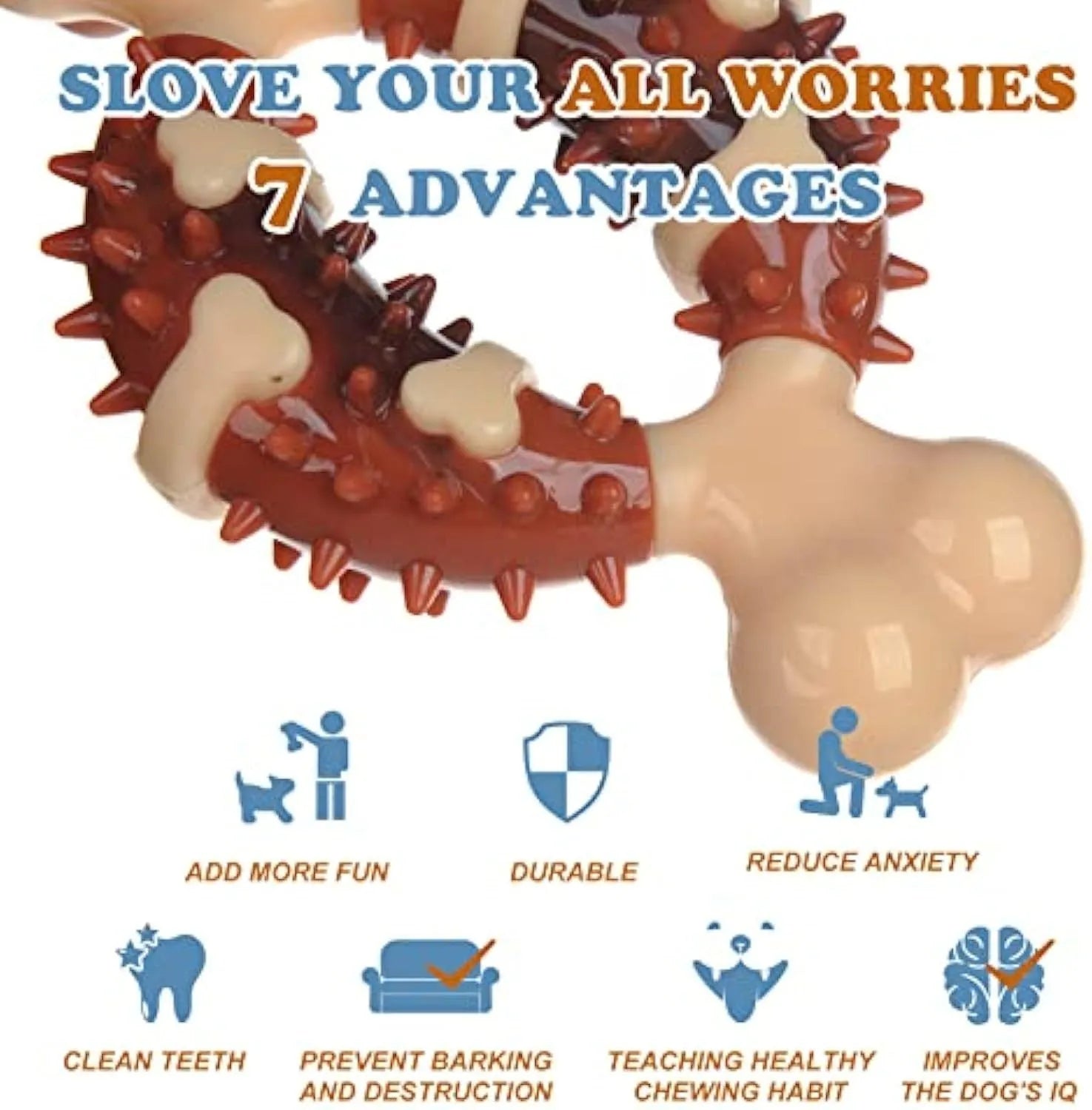 A bone-shaped natural rubber dog molar chew toy shown in two sizes for teeth grinding.
