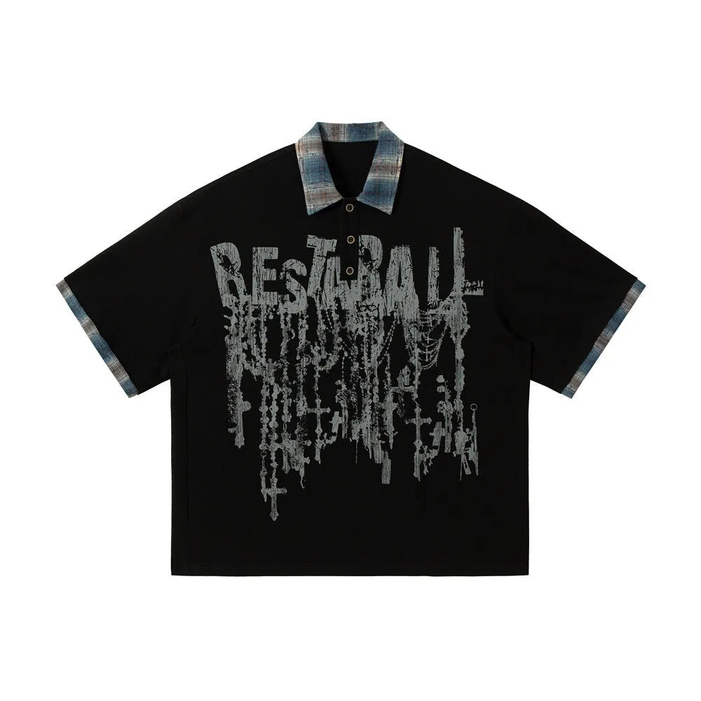 Men's loose blue cotton top with a short sleeve and an asymmetric lapel featuring a graffiti print.