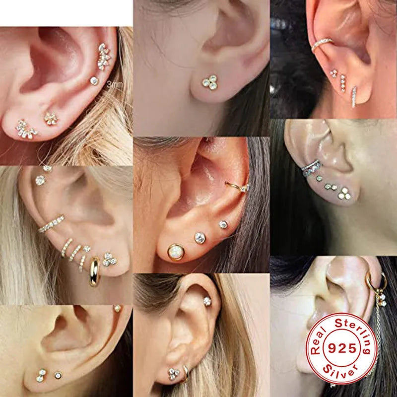 S925 sterling silver single diamond stud earrings, yellow gold and white gold colour options, round geometric shape