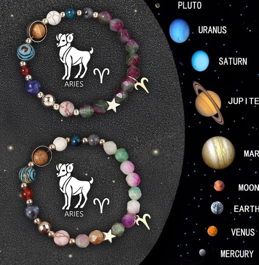 Set of two adjustable natural stone beaded bracelets showing different zodiac sign designs.