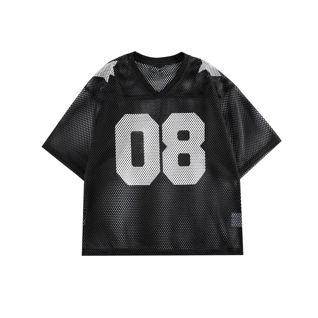 Black loose fit pullover shirt with white letter pattern design, short sleeves.