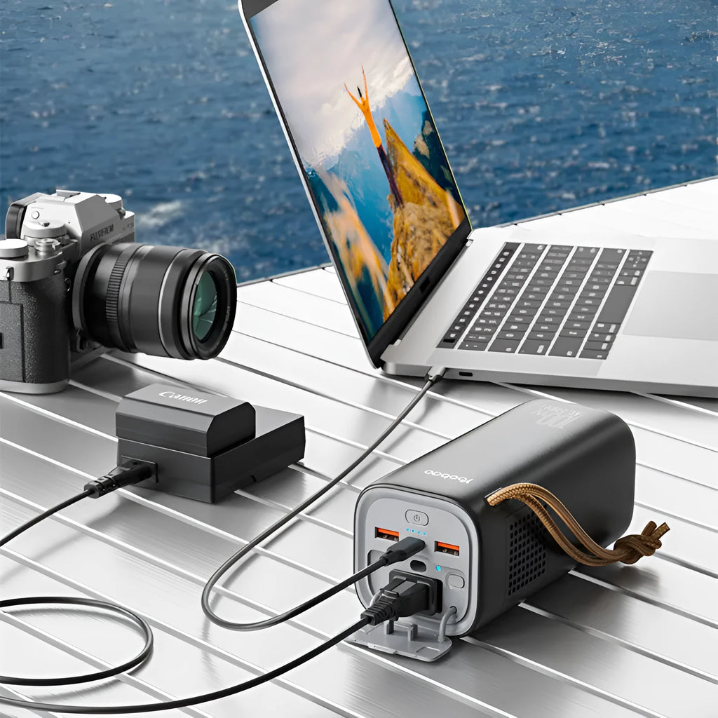 Black portable power bank with 20000mAh capacity and solar panel for emergency outdoor charging.