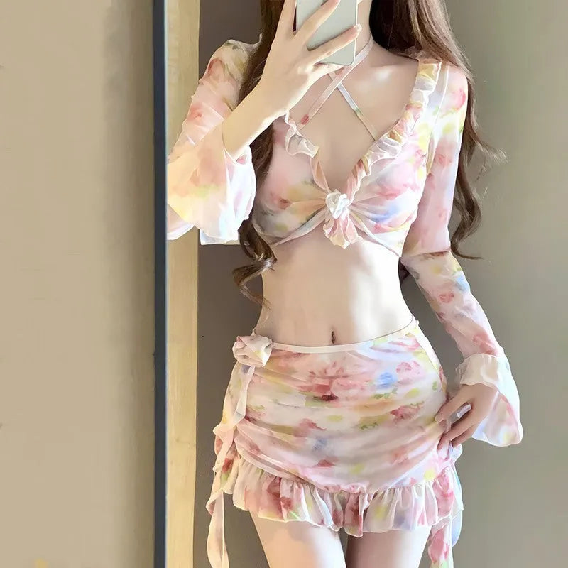 Women's cherry blossom pink floral swimsuit with high-leg design and Asian fit sizing