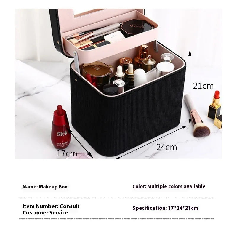 Soft corduroy cosmetic storage box with a polyester cotton lining in a choice of colours.
