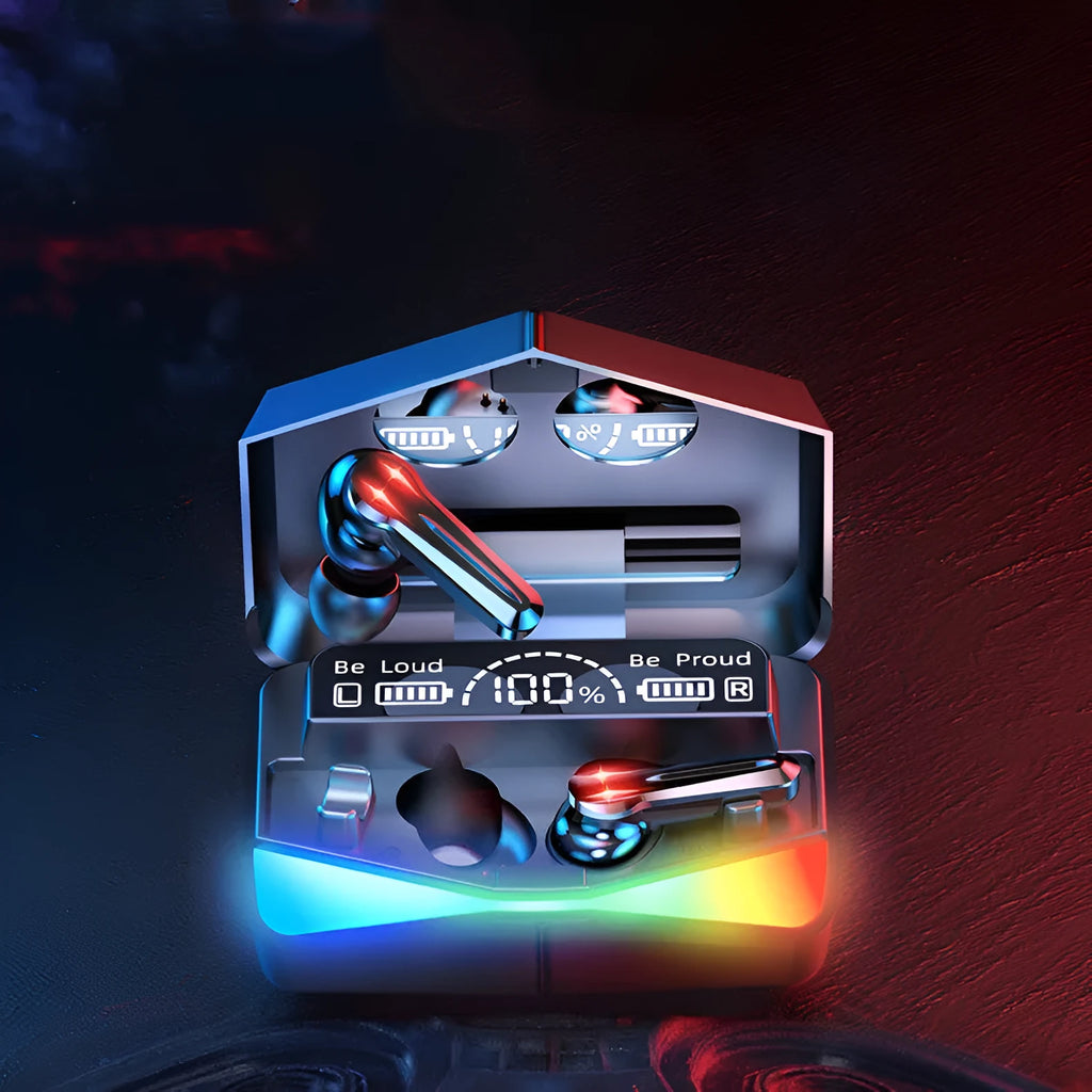 TWS Bluetooth gaming earphones with low latency, stereo earbuds, battery display, and voice control