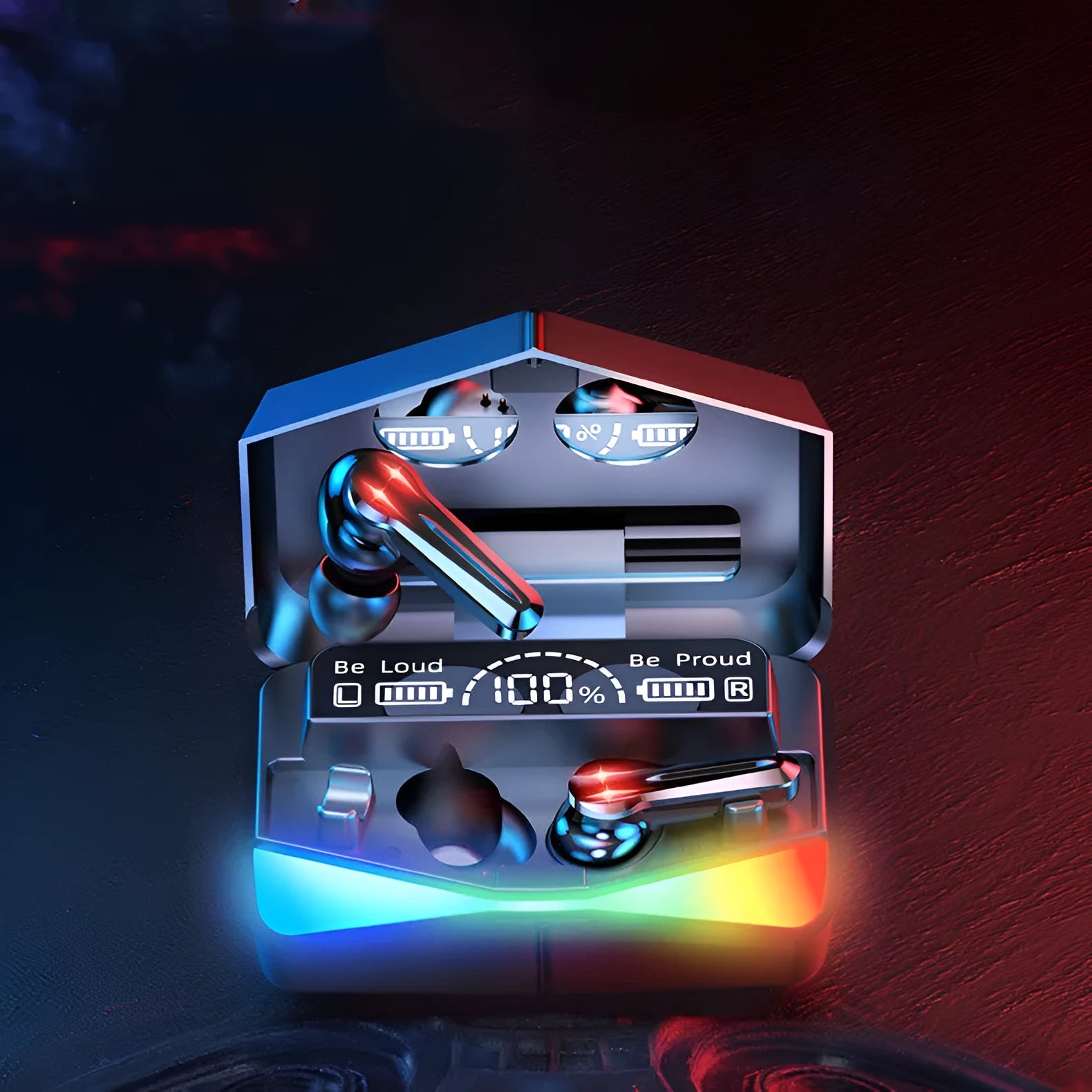TWS Bluetooth gaming earphones with low latency, stereo earbuds, battery display, and voice control