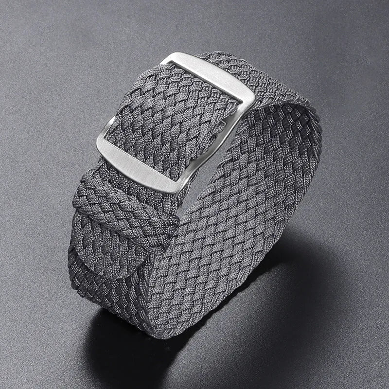 Woven nylon watchband in beige, 20mm width, with canvas-style finish on white background