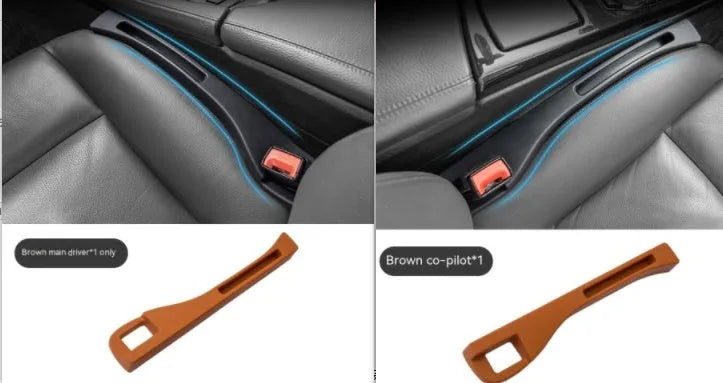 Black plastic car seat gap storage box with handle installed between car seats