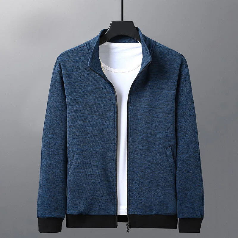 Men's black athletic fit casual jacket with a stand-up collar and front zip.