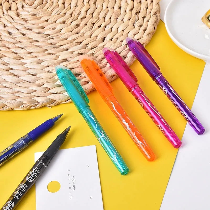 Set of heat-erasable gel pens with plastic barrels and stainless steel tips, showing assorted colours.