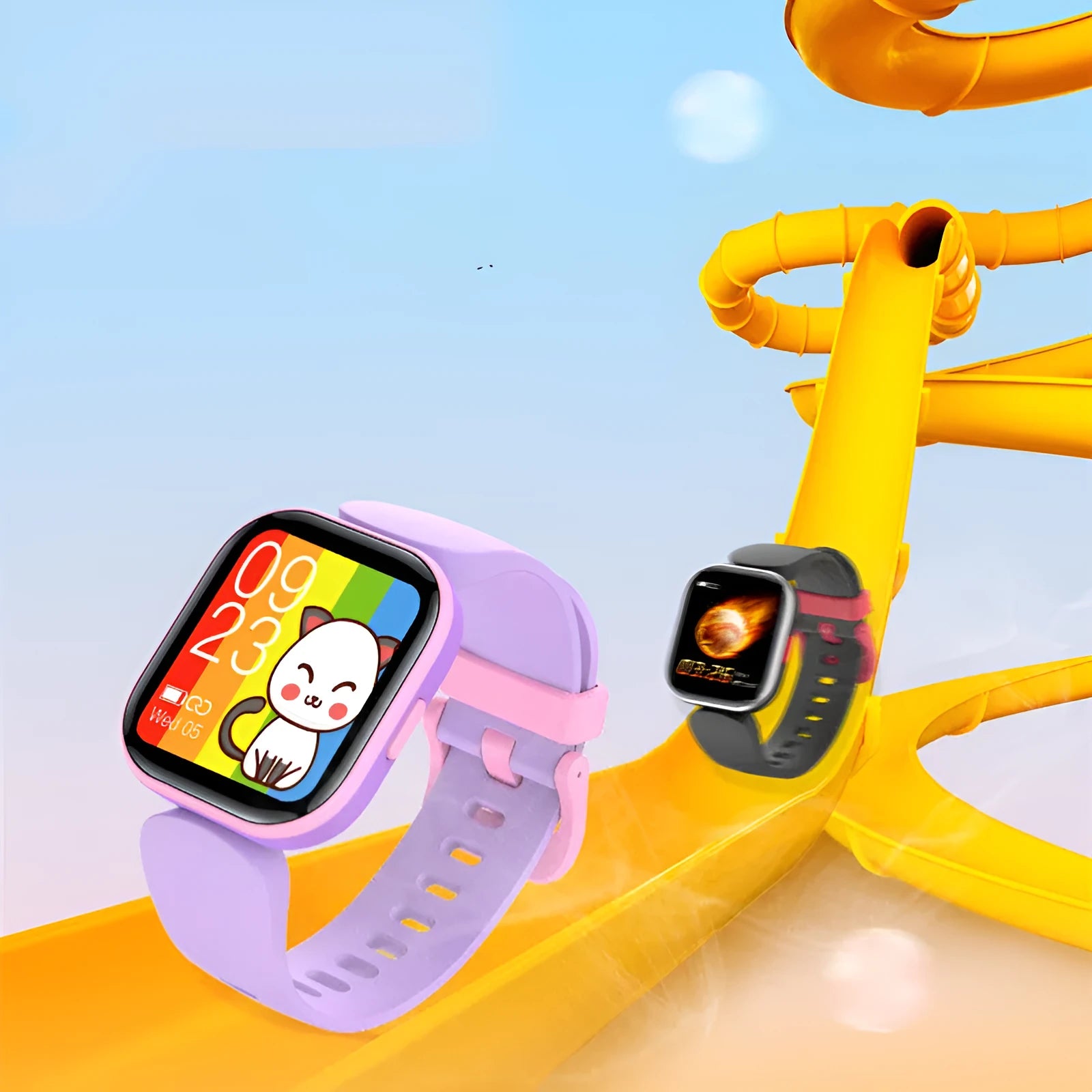 Blue H39T children's smart watch with sporty TPU strap on a wrist, showing the 1.4 inch touchscreen display.