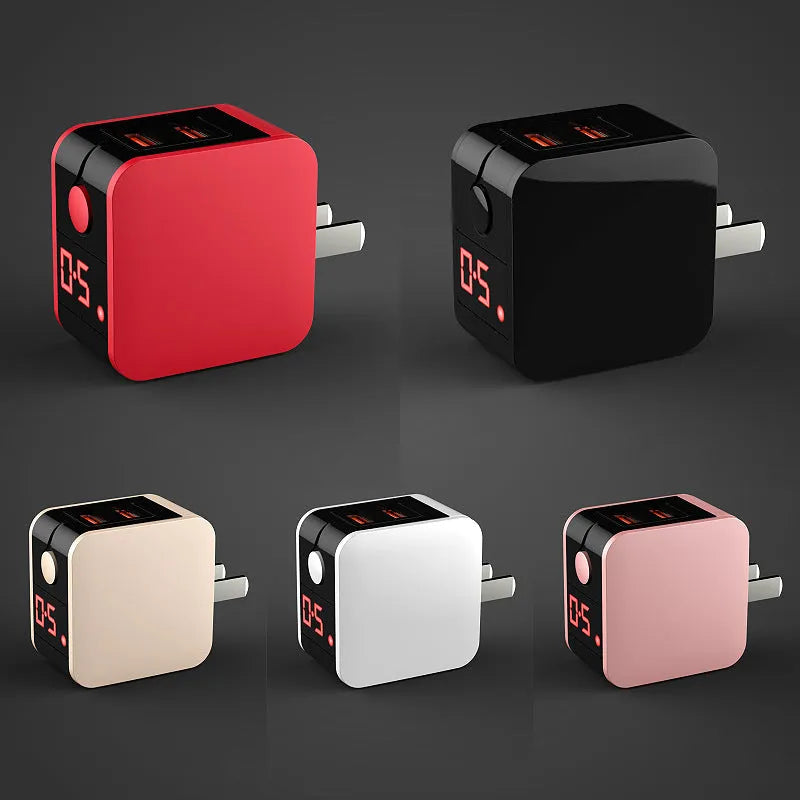 5V2.4A dual USB travel charger with digital display in black/white/red with UK/US/EU plug options